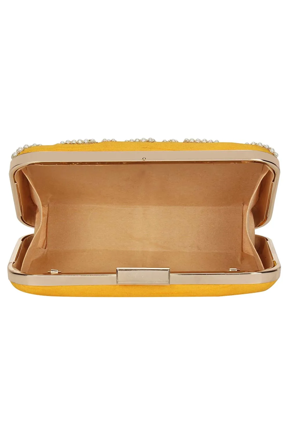 Adorn Embellished Faux Silk Clutch Yellow & Pearl Gold