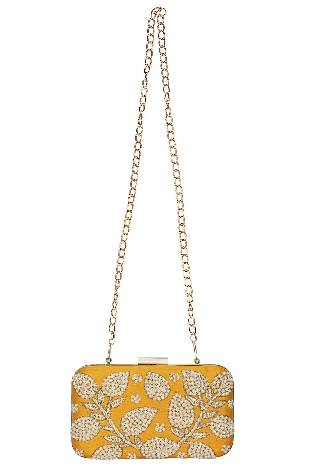 Adorn Embellished Faux Silk Clutch Yellow & Pearl Gold