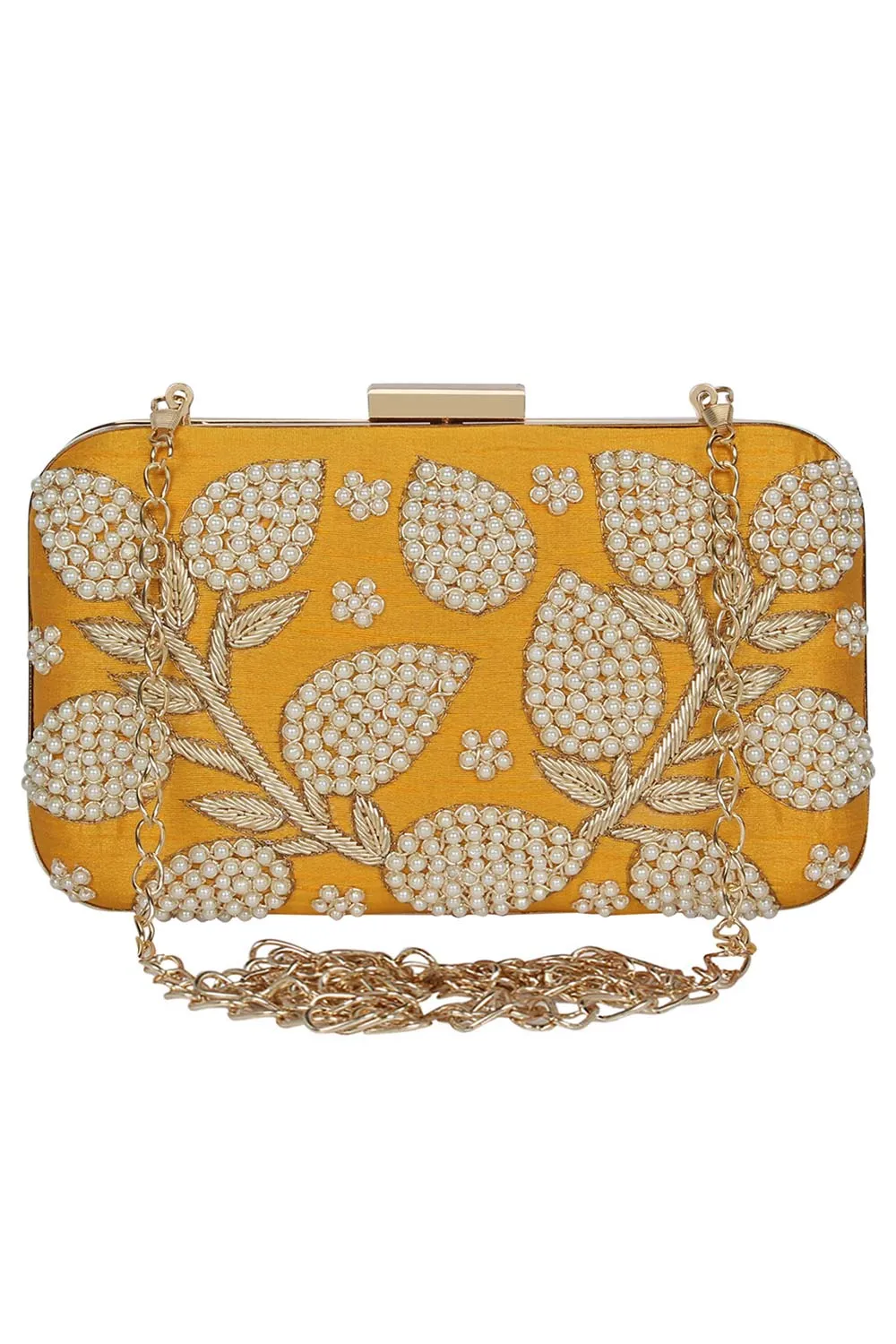 Adorn Embellished Faux Silk Clutch Yellow & Pearl Gold