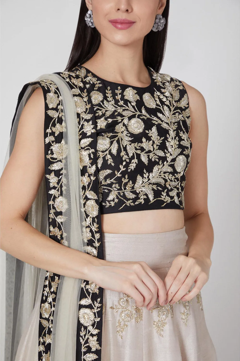 Black Floral Choli With Light Stone Lehenga & Dupatta