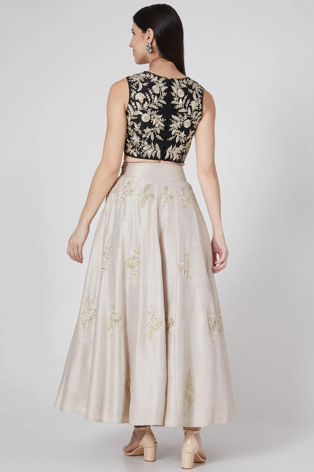 Black Floral Choli With Light Stone Lehenga & Dupatta