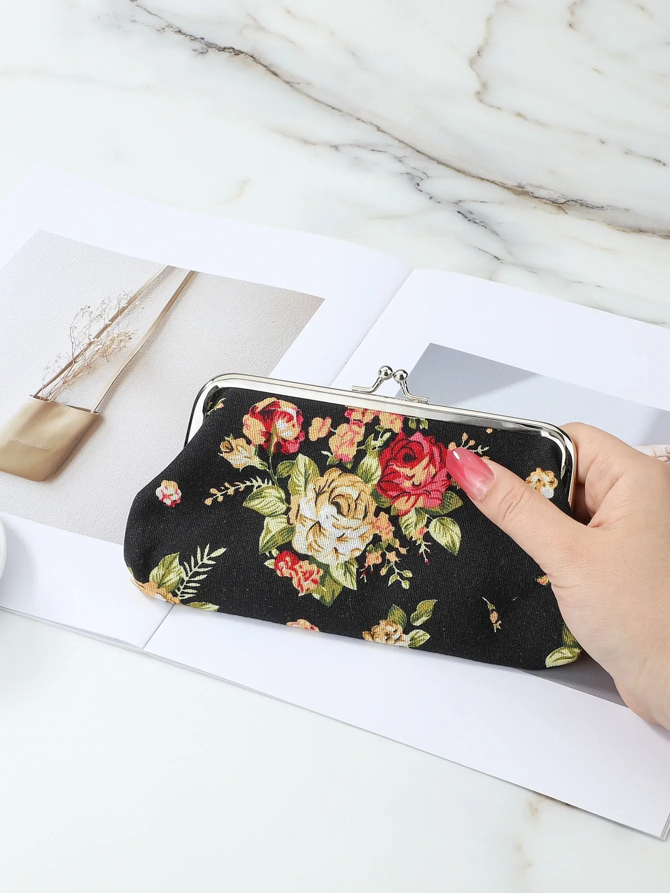 Floral Decor Kiss Lock Coin Purse Change Pouch Card Holder Coin Holder