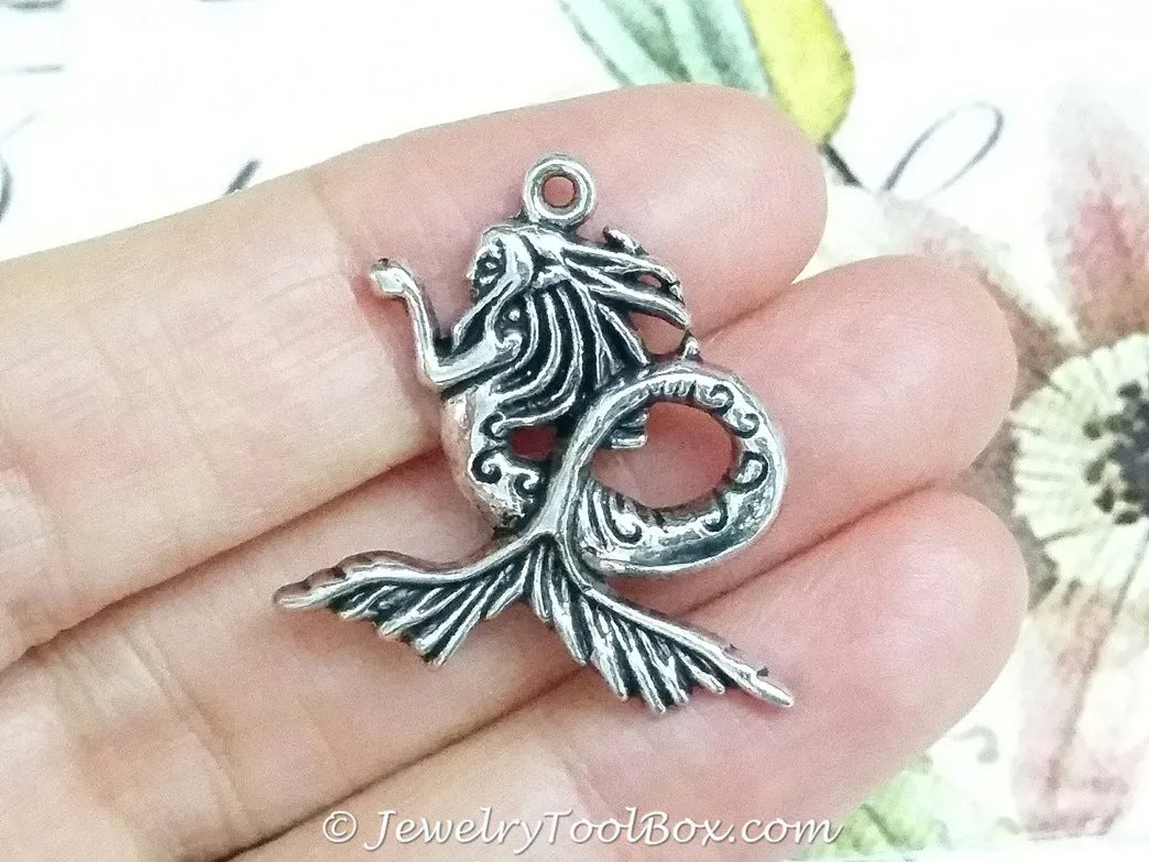 Mermaid Pendant, Antique Silver, Lead Free, Nickel Free, 29x27x3mm, 2mm Loop, Lot Size 10, #2146