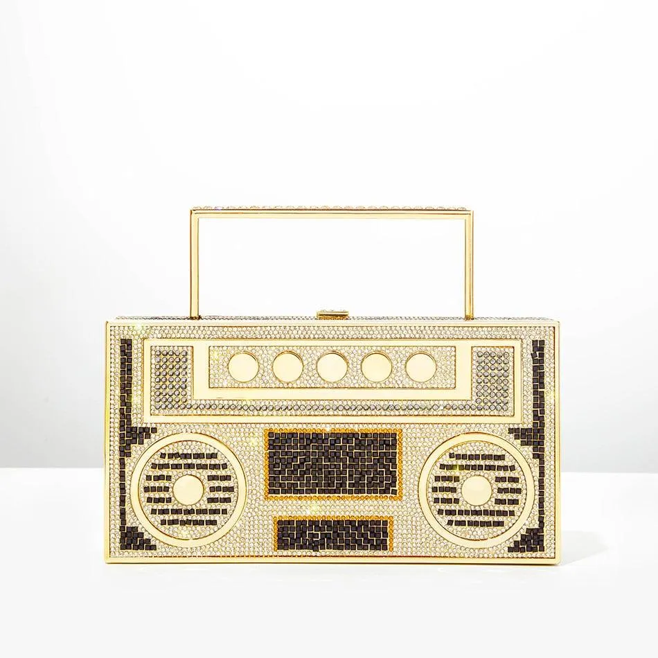 "T-BOO Color Diamonds Radio Evening Clutch Bag with Metal Handle: Shiny Rhinestone Purse and Handbags Designer"