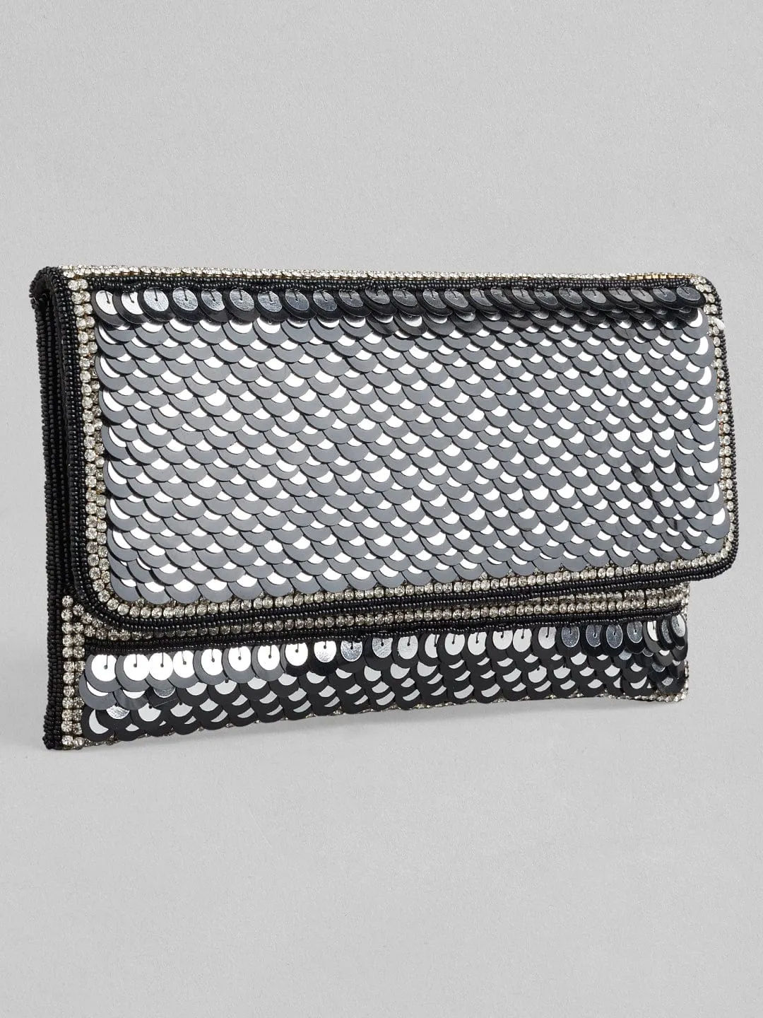 Rubans Silver Colour Clutch With Black Embroided Design.