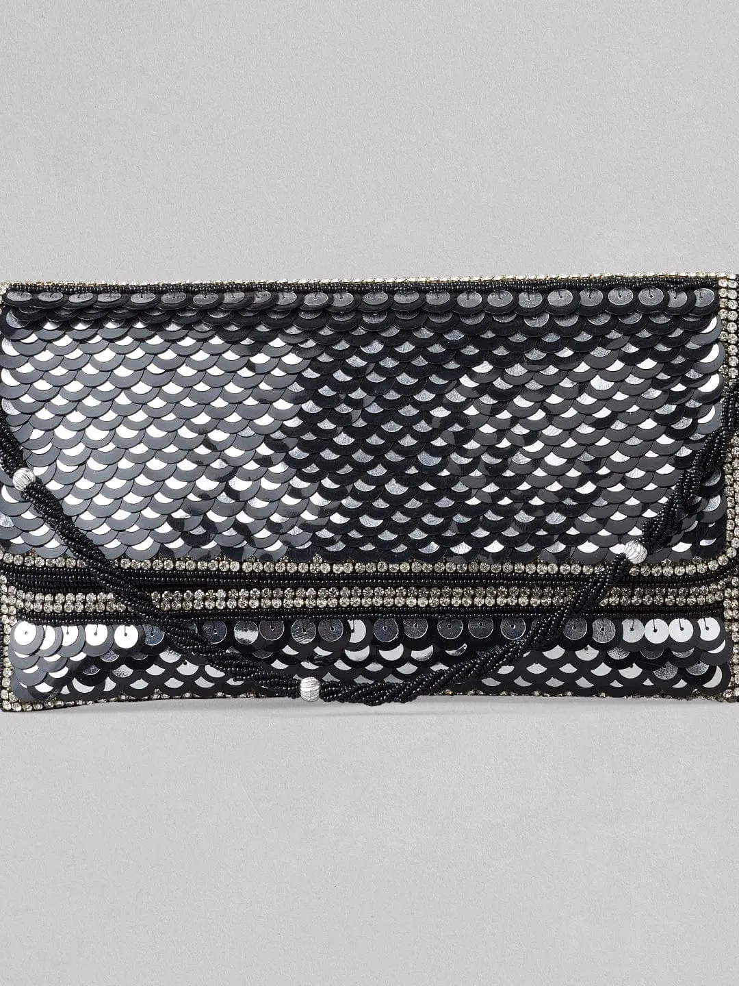 Rubans Silver Colour Clutch With Black Embroided Design.