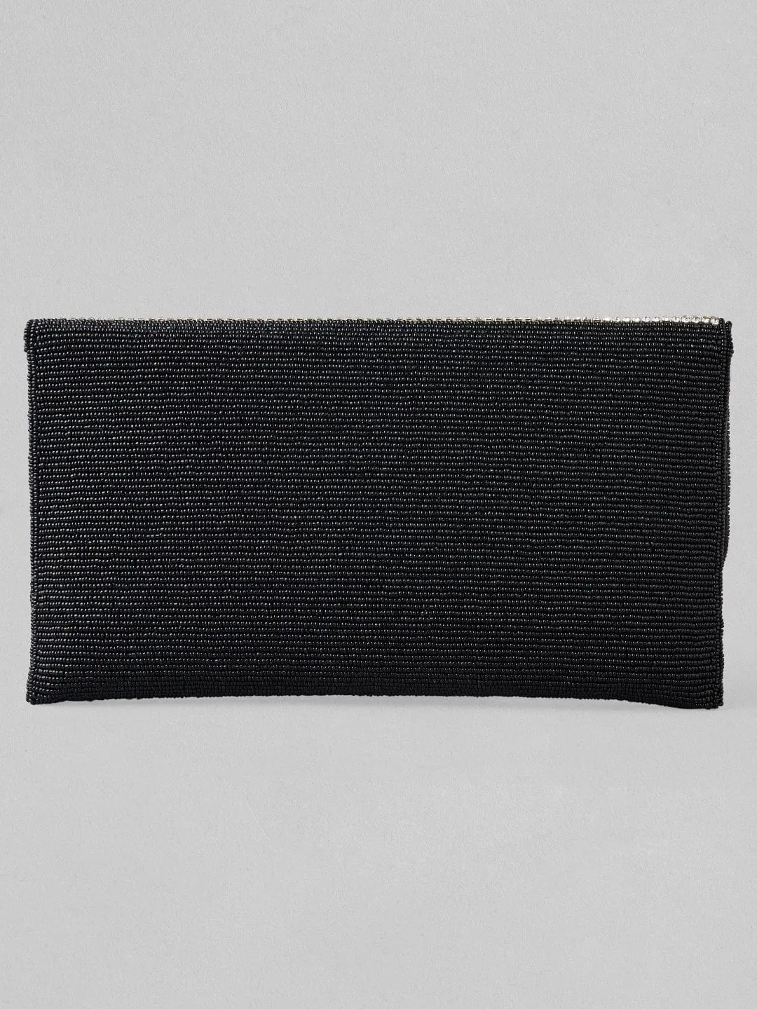 Rubans Silver Colour Clutch With Black Embroided Design.