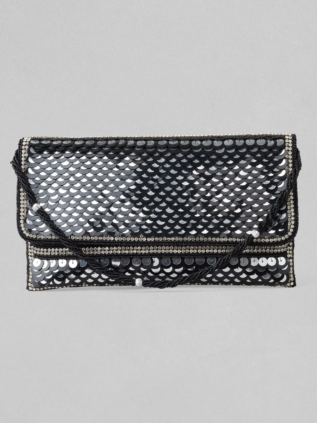 Rubans Silver Colour Clutch With Black Embroided Design.